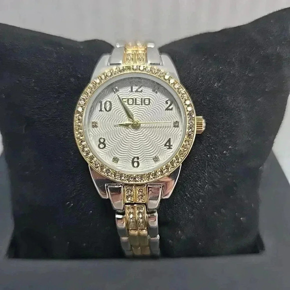 Folio Accessories - Womens Folio FMDFL2040 Gold Silver Tone Watch Bracelet Rhinestones Dainty Petite